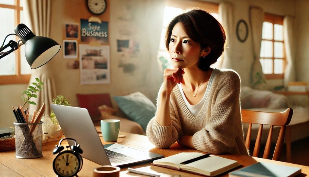 40代の営業職が副業を始める前に自宅で準備を整理している様子
